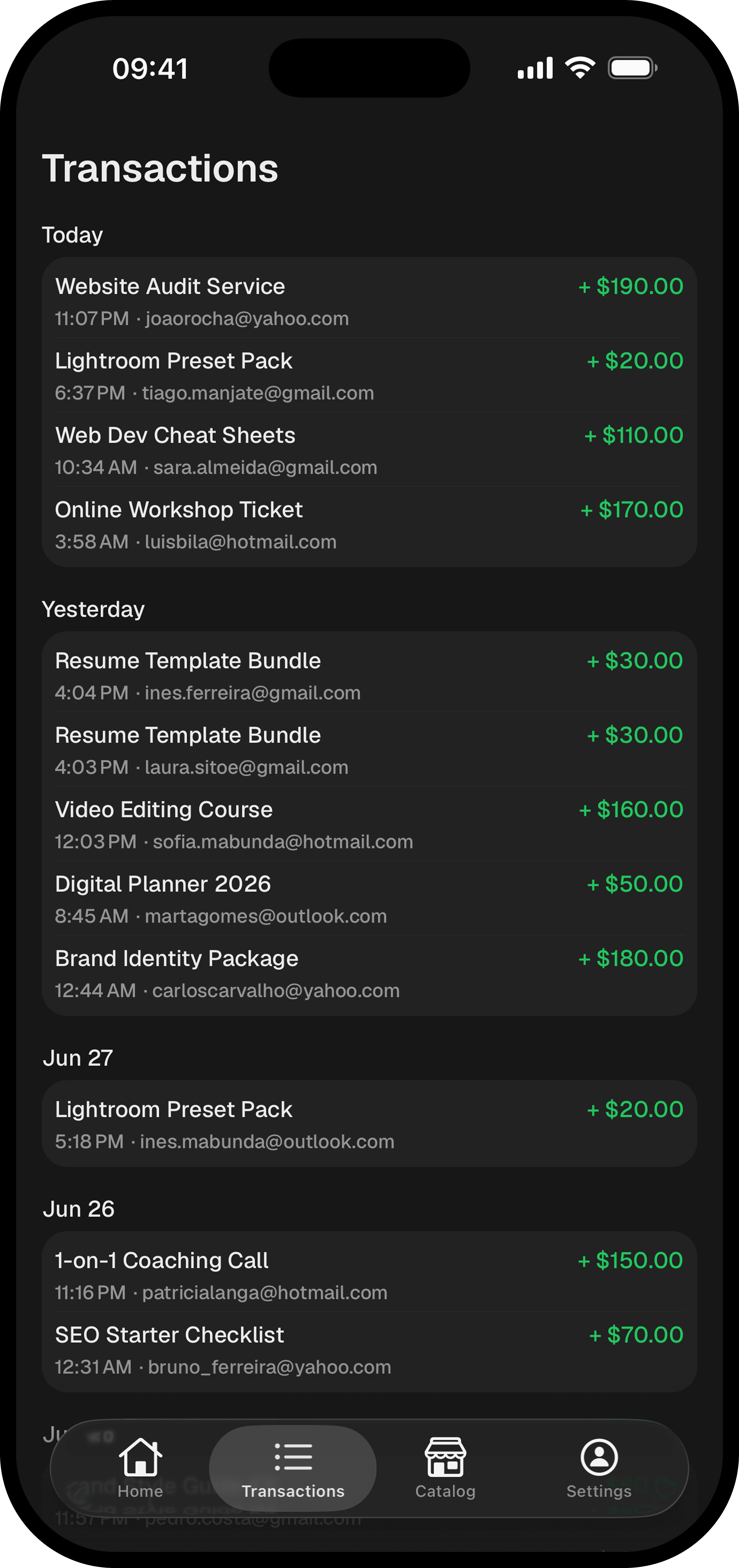 Walled mobile app transactions screen
