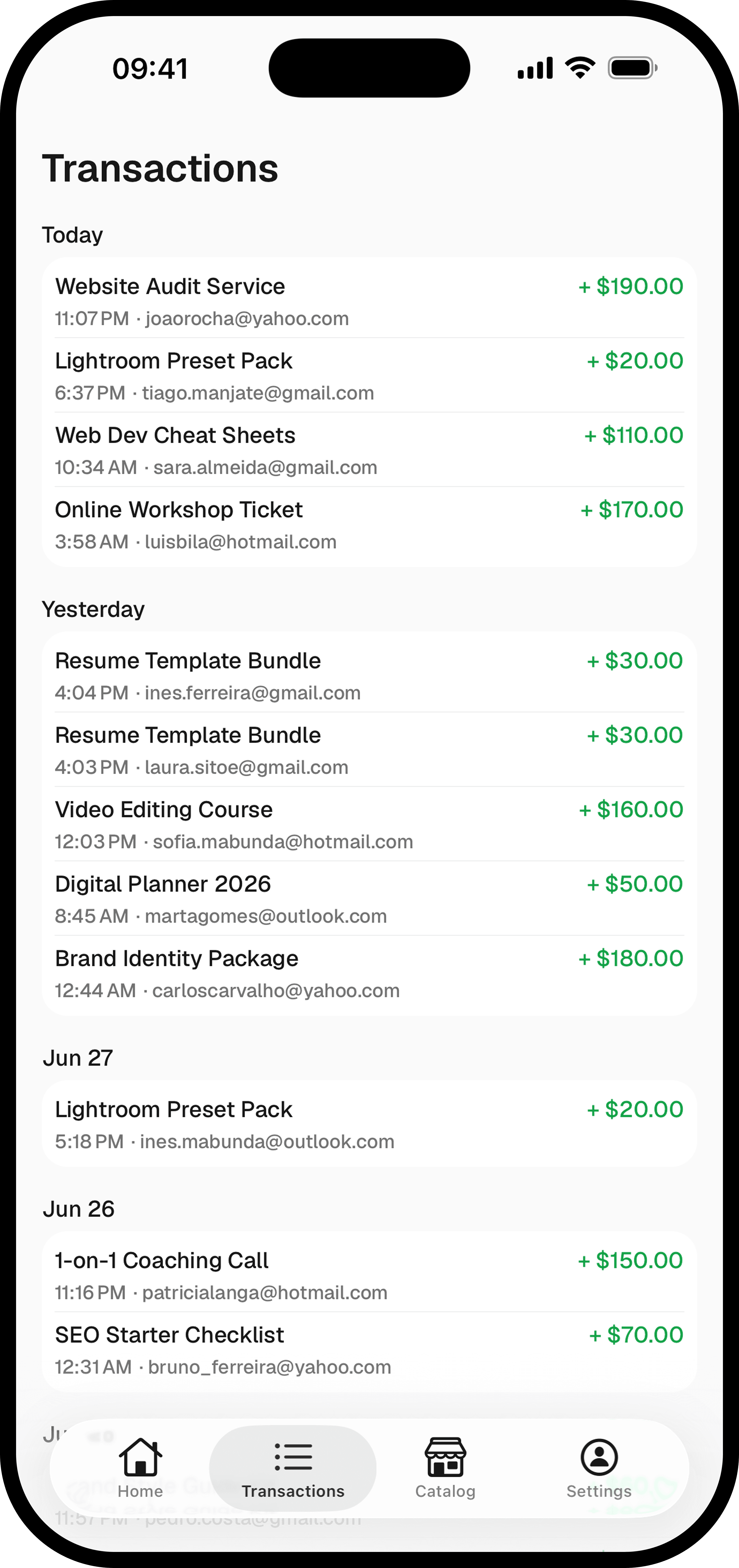 Walled mobile app transactions screen